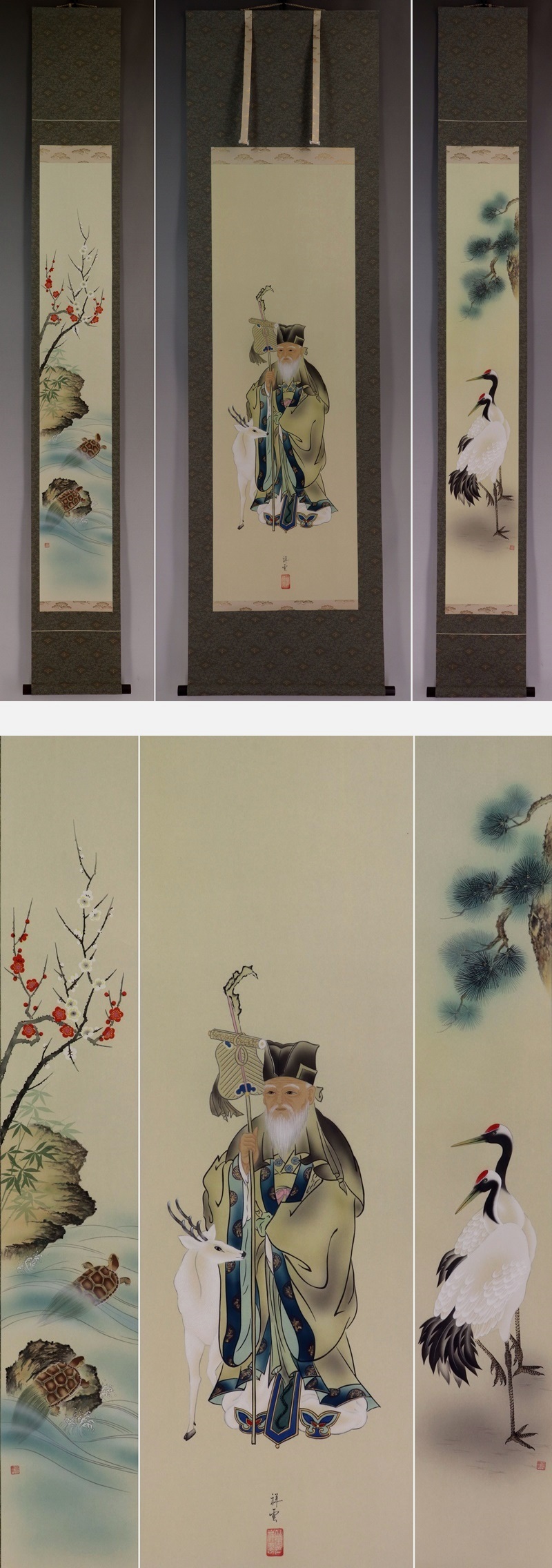 真作】小木曽祥雲【三対幅・寿老人・鶴亀】◇絹本◇共箱◇掛軸 v12115