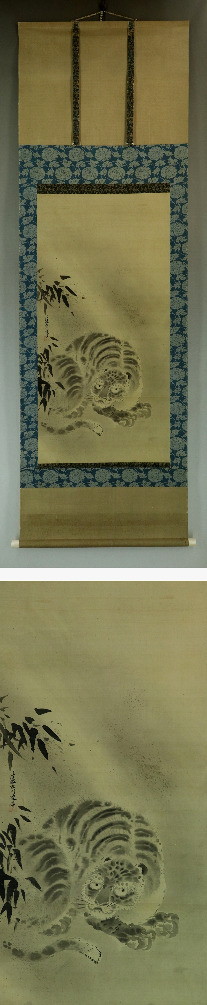 真作】狩野常信(古川)【猛虎図】◇絹本◇合箱◇掛軸 u12095 ホビー 