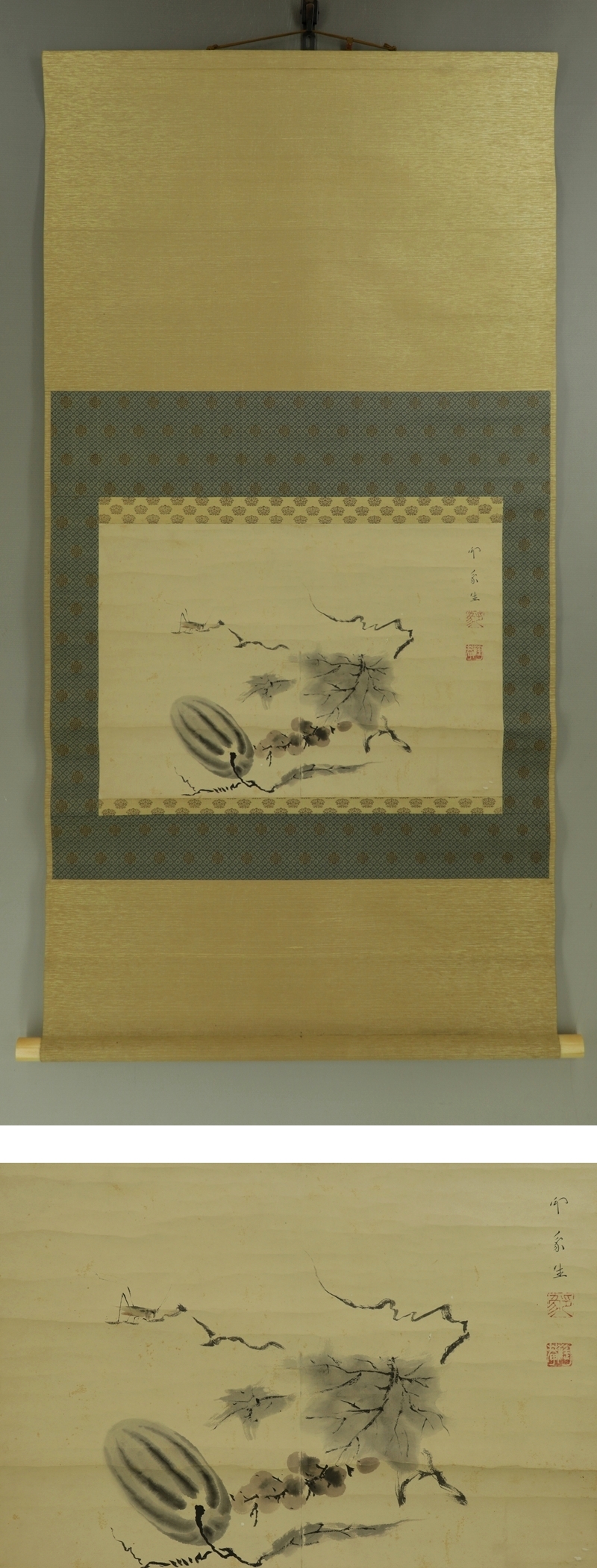 模写】水墨画 雪舟「鍾馗図」紙本 掛軸 横物 厚けれ 合箱 室町時代