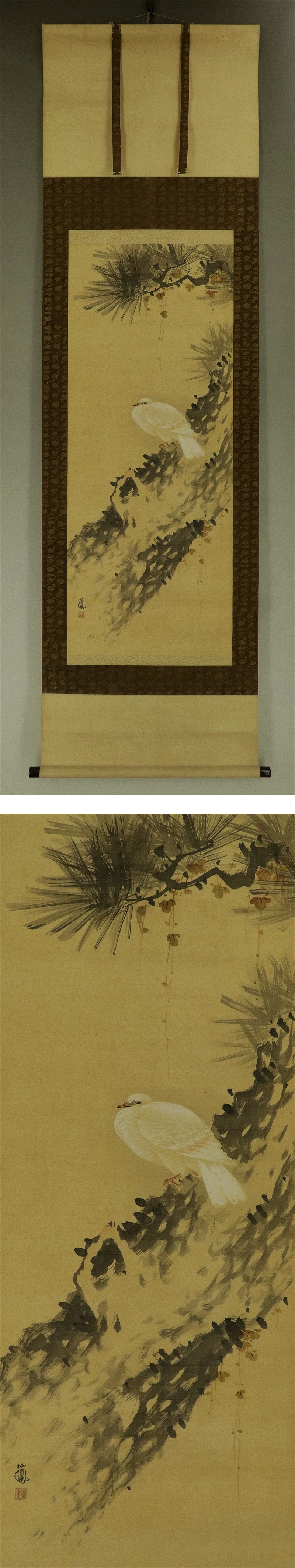 真作/竹邨/梅に鳥図/布袋屋掛軸HH-648